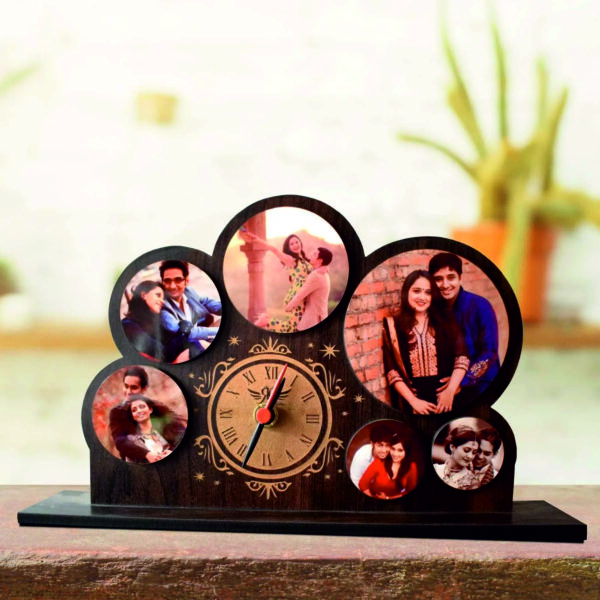 Bubble frame with clock showcasing personalized photo, set on sturdy MDF base, adding elegance to décor.